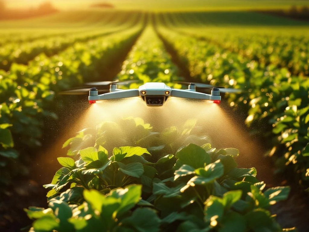 White agricultural drone spraying protective coating on green soybean crops in golden morning sunlight