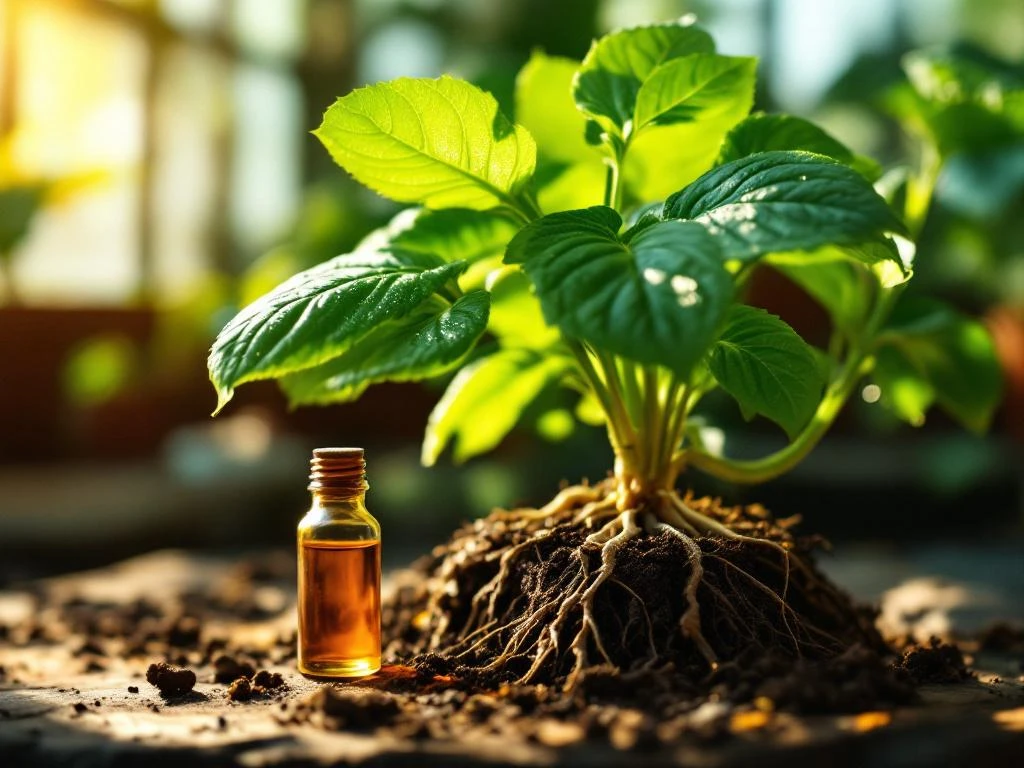 Healthy green plant with thick leaves and strong roots in terracotta pot, amber biostimulant vial nearby in sunlit greenhouse