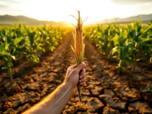Farmer's weathered hand holding dried corn stalk with drought-cracked soil in foreground and green irrigated crops behind