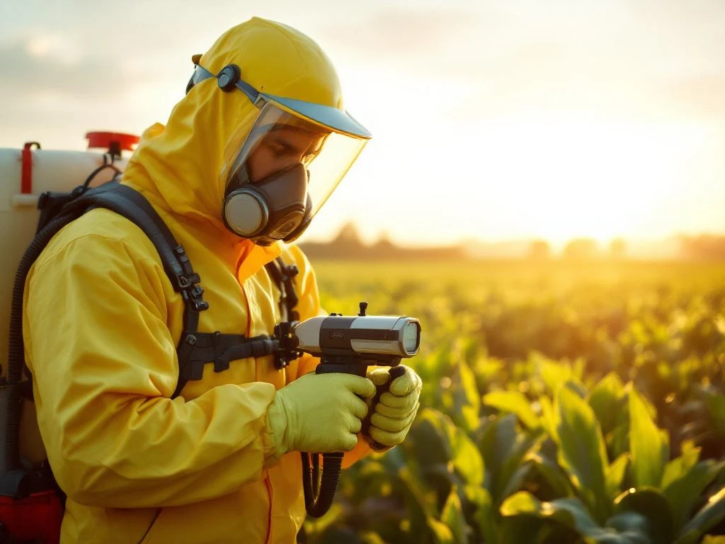 Landarbeiter in gelbem Schutzanzug beim Einstellen der Düse einer Feldspritze in einem grünen landwirtschaftlichen Feld während der goldenen Stunde.