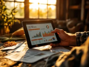 Farmer's hands holding tablet with crop yield data on wooden table with agricultural paperwork and corn kernels