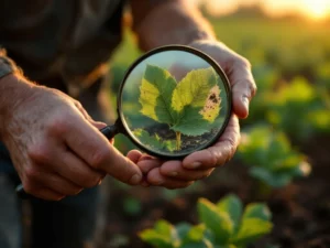 Farmer examining damaged crop leaf with magnifying glass, showing insect holes and plant disease in agricultural field