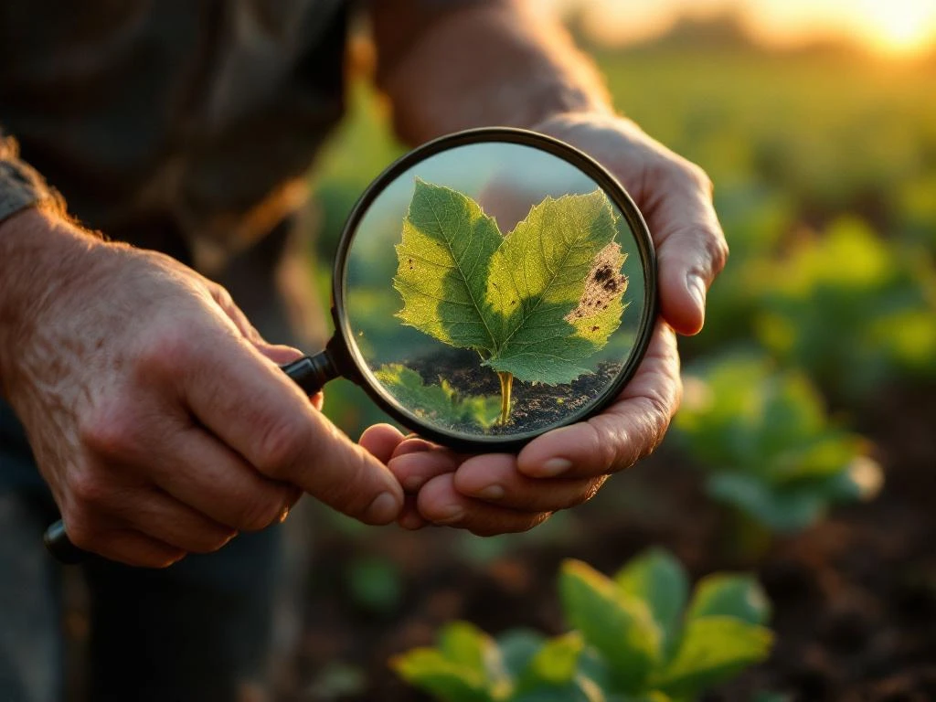 Farmer examining damaged crop leaf with magnifying glass, showing insect holes and plant disease in agricultural field