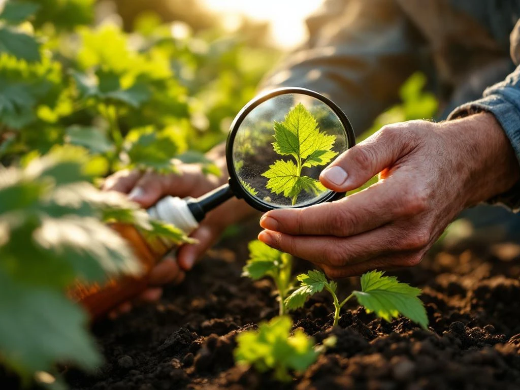 Landwirt untersucht grüne Blätter mit einer Lupe auf Schädlingsbefall, in der Nähe steht eine Sprühflasche mit Bio-Pestiziden auf dem Boden