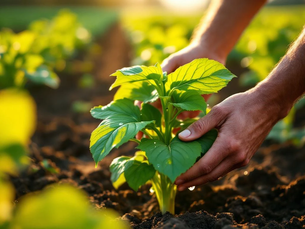 Agricultor examinando una planta de cultivo verde y sana con gotas de agua en las hojas en un campo agrícola iluminado por el sol.