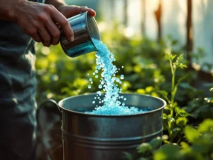 Farmer's hands pouring water-soluble fertilizer granules into metal watering can with crop seedlings in greenhouse background