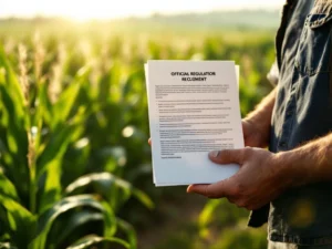 Farmer's hands holding regulatory document in green corn field with golden sunlight and rows of healthy crops