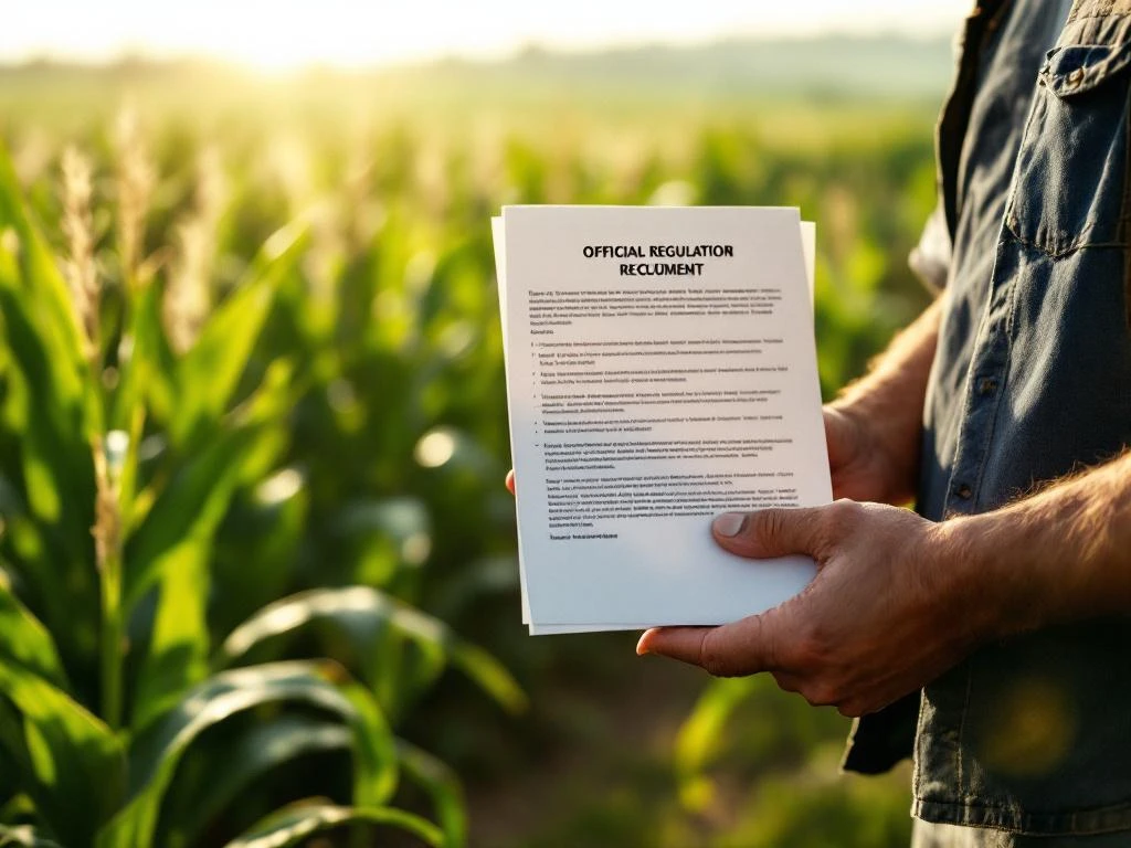 Farmer's hands holding regulatory document in green corn field with golden sunlight and rows of healthy crops