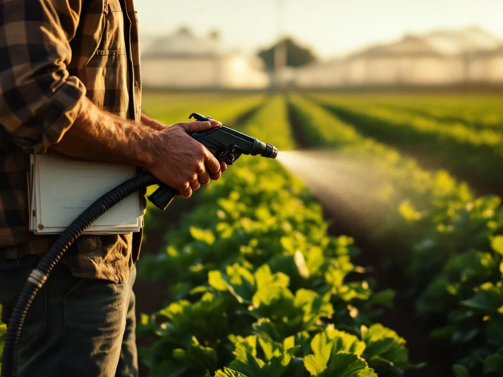 Manos de agricultor sosteniendo boquilla pulverizadora sobre hileras de cultivos verdes con documentos de certificación, luz solar dorada sobre el campo.