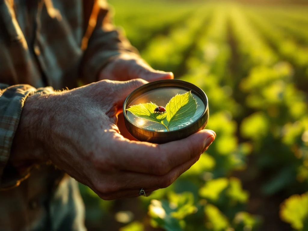 Manos de agricultor sosteniendo lupa sobre hoja de cultivo verde mostrando mariquita comiendo pulgones en campo agrícola iluminado por el sol.