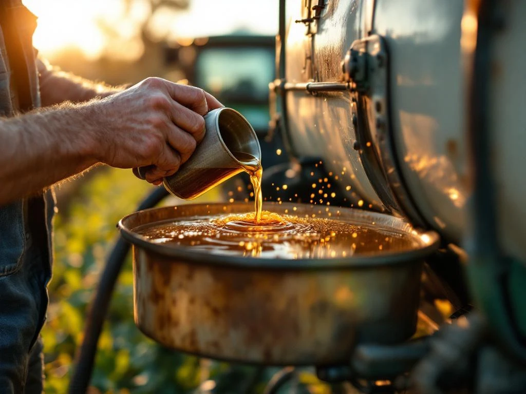 Farmer pouring golden biostimulant from measuring cup into tank sprayer with crop protection chemicals in sunlit field