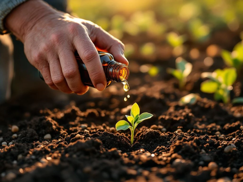 Farmer's hands pouring biostimulant from amber bottle onto dark soil with green seedlings in golden morning sunlight.