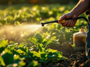 Farmer's hand operating precision spray nozzle over green crop rows with herbicide mist in golden morning sunlight