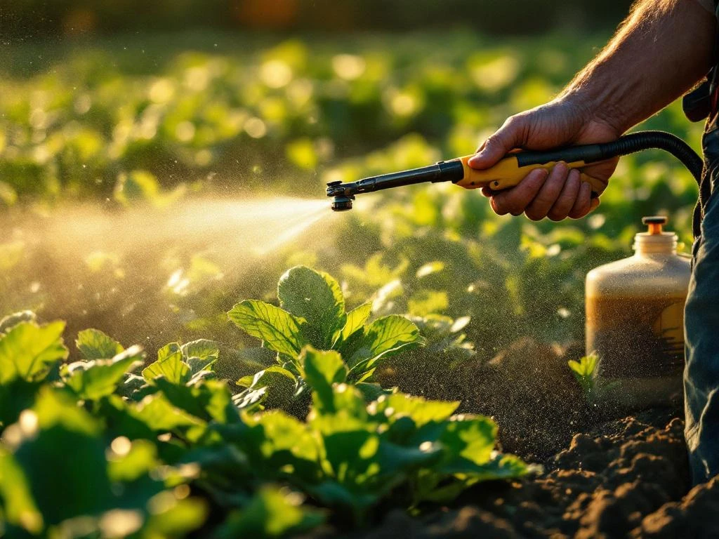 Farmer's hand operating precision spray nozzle over green crop rows with herbicide mist in golden morning sunlight