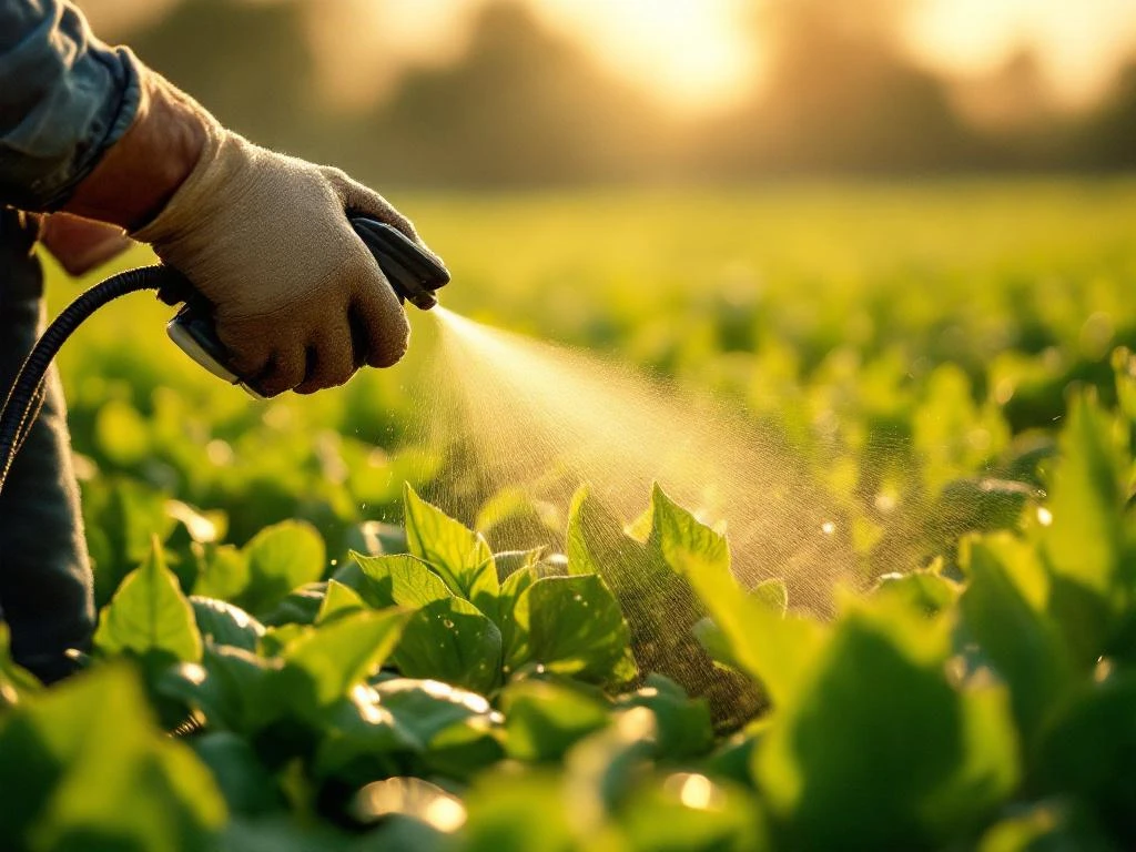 Die behandschuhte Hand eines Landwirts sprüht eine Schutzlösung mit Wassertröpfchen auf die Blätter einer grünen Pflanze in einem sonnenbeschienenen landwirtschaftlichen Feld