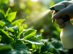 Green plant leaves with water droplets from foliar fertilizer spray application, gloved hand holding spray bottle in garden