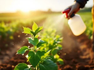 Healthy green crop plant with water droplets from fungicide application, farmer spraying in background during golden hour.
