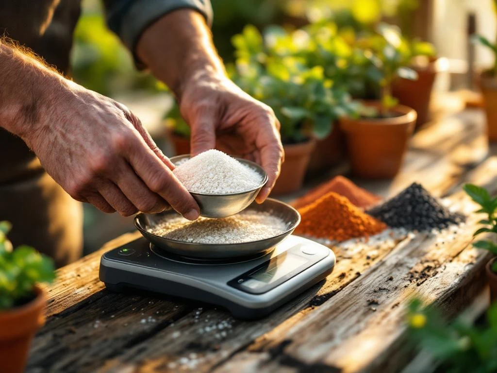 Gardener measuring fertilizer granules on digital scale with three piles of different colored fertilizers on wooden bench