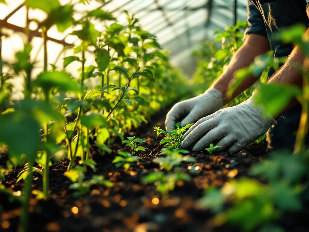 Boer onderzoekt gezonde tomatenplanten in kas met rijen groene gewassen en natuurlijk zonlicht dat door glazen panelen filtert.