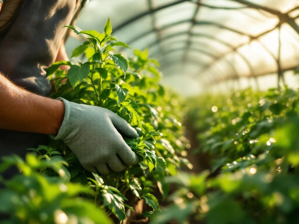 Tuiniershanden onderzoeken tomatenbladeren op ongedierte in kas met gezonde zaailingen en natuurlijk zonlicht