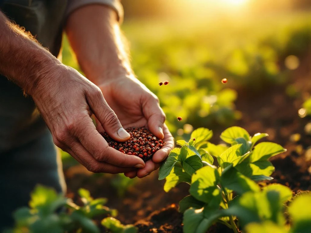 Die Hände des Landwirts lassen Marienkäfer aus einem Netzbehälter auf die grünen Blätter der Pflanzen zur natürlichen Schädlingsbekämpfung im Biogarten frei.