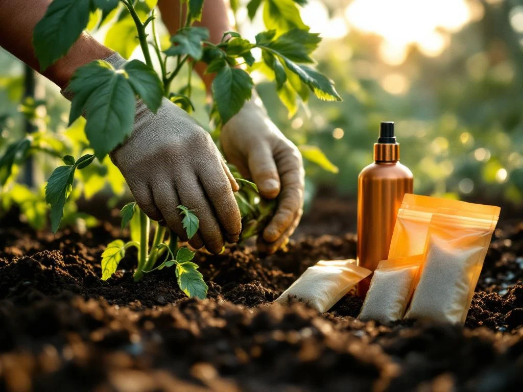 Jardinero aplicando mantillo orgánico alrededor de la base de las tomateras con fungicida de cobre en aerosol y sobres disuasorios de plagas en el suelo.