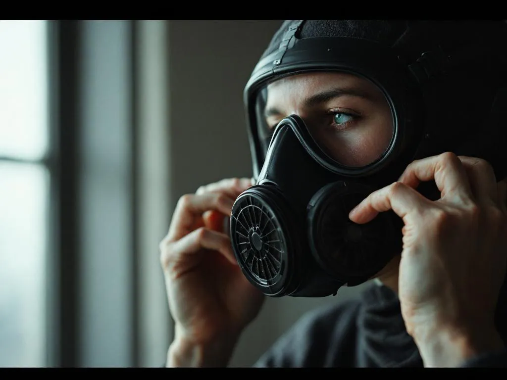 Person, die die Bänder der schwarzen Militärgasmaske mit den Händen an den seitlichen Schnallen einstellt, beleuchtet von natürlichem Fensterlicht.