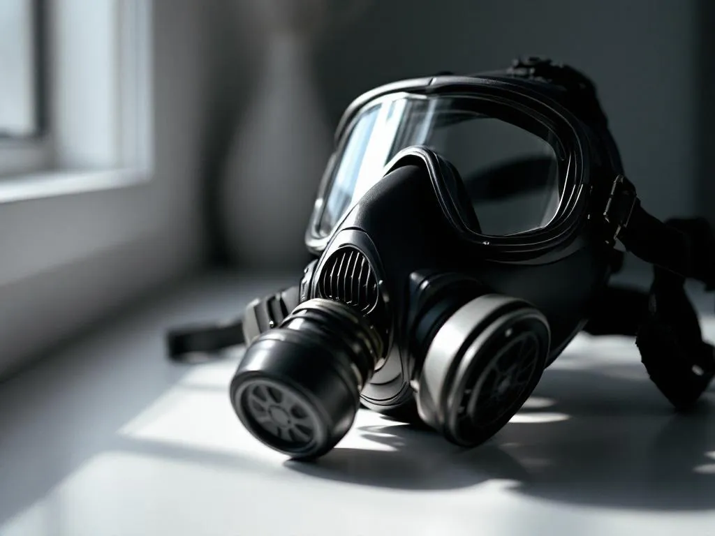 Black gas mask with clear lenses and filter canister on white surface, showing detailed rubber texture and adjustable straps.