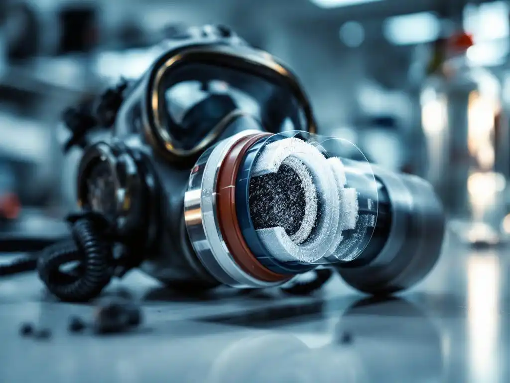 Professional gas mask with cylindrical filter cartridge on laboratory table, cutaway showing activated carbon layers