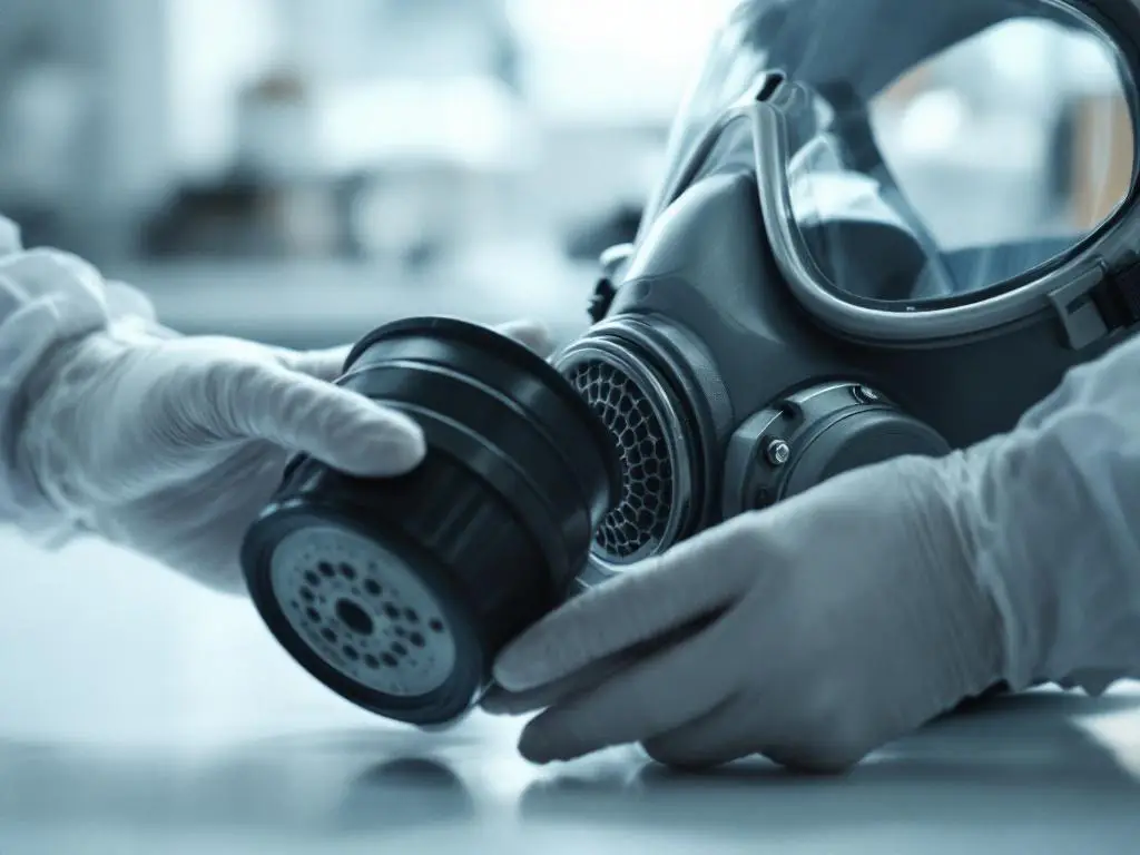 Behandschuhte Hände untersuchen eine moderne Gasmaske mit schwarzem Filterbehälter auf einem weißen Labortisch unter klinischer Beleuchtung.