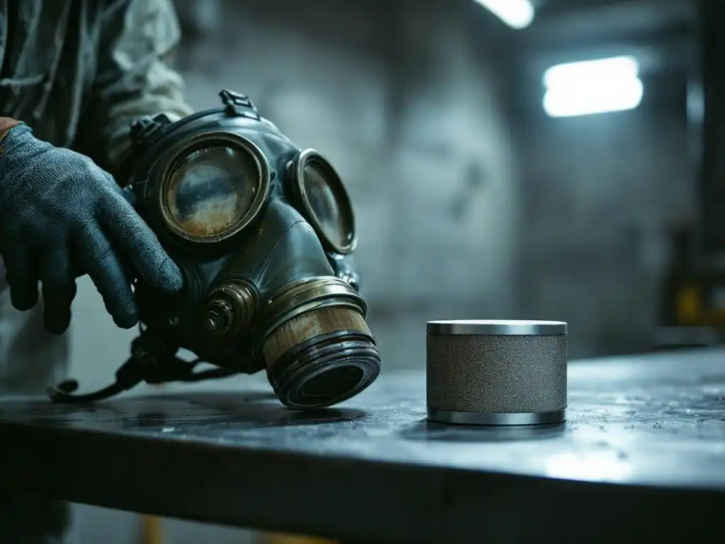 Gloved hands replacing dirty brown gas mask filter with new silver cartridge on metal workbench in industrial workshop