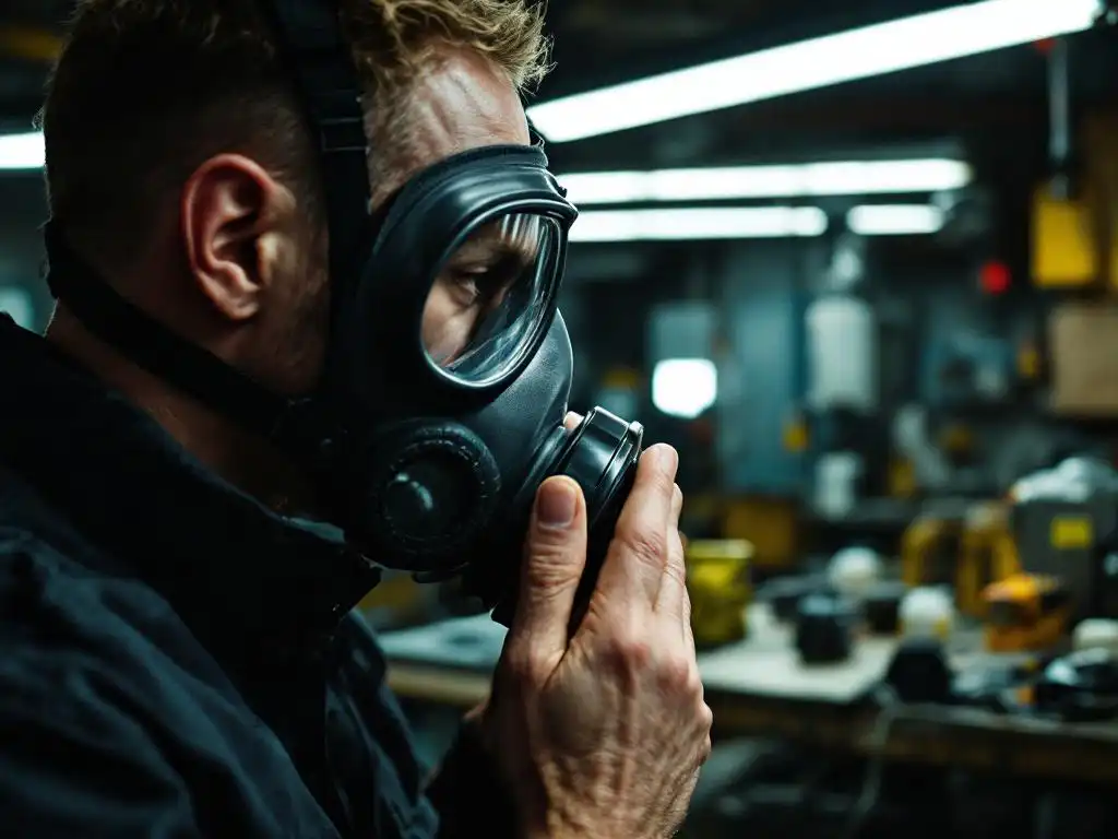 Person adjusting poorly fitting gas mask with visible air gaps around face, industrial safety equipment on workbench behind