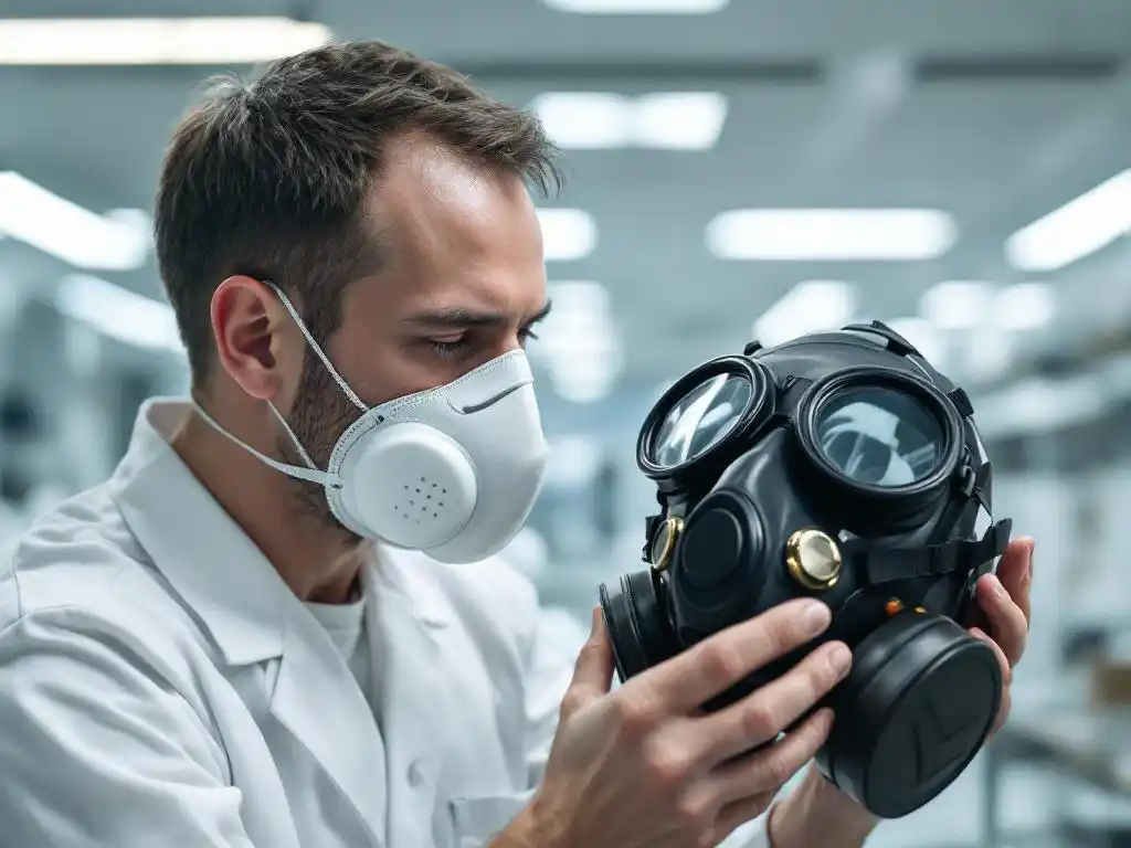 Person mit weißer N95-Maske, die eine schwarze militärische Gasmaske mit kreisförmigen Filtern in einer Laborumgebung hält