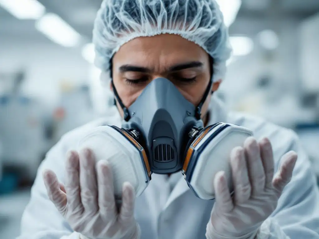 Professional in respiratory mask examining protective mask with detailed filters in clean laboratory setting