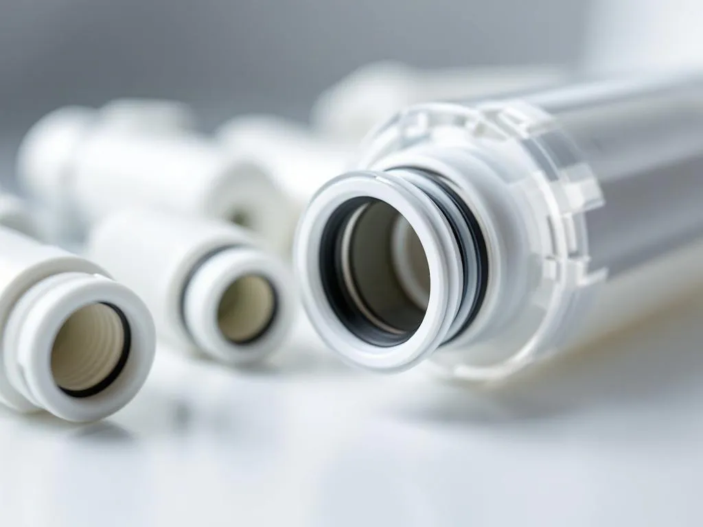 Cartuchos filtrantes de agua con diferentes roscas y juntas tóricas, uno de ellos insertado en una carcasa transparente