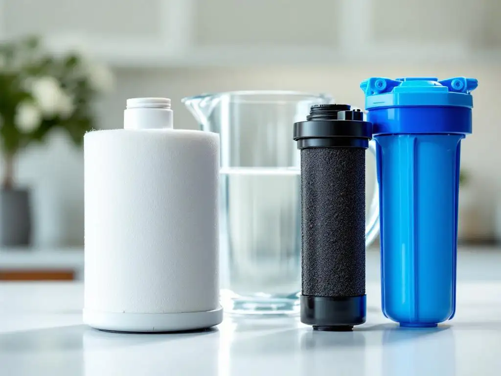 Three water filters on laboratory counter with pitcher of filtered water - ceramic, carbon, and reverse osmosis types